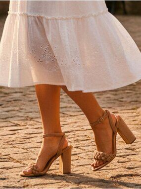 Braided Strap Block Heel Sandals With Adjustable Ankle Strap In Beige
